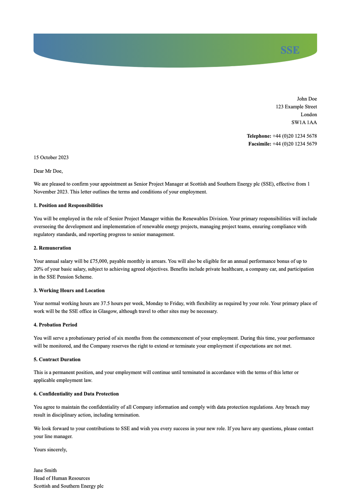 Formal corporate appointment letter from SSE Plc to Richard Gillingwater for Chairman role dated_variant_1
